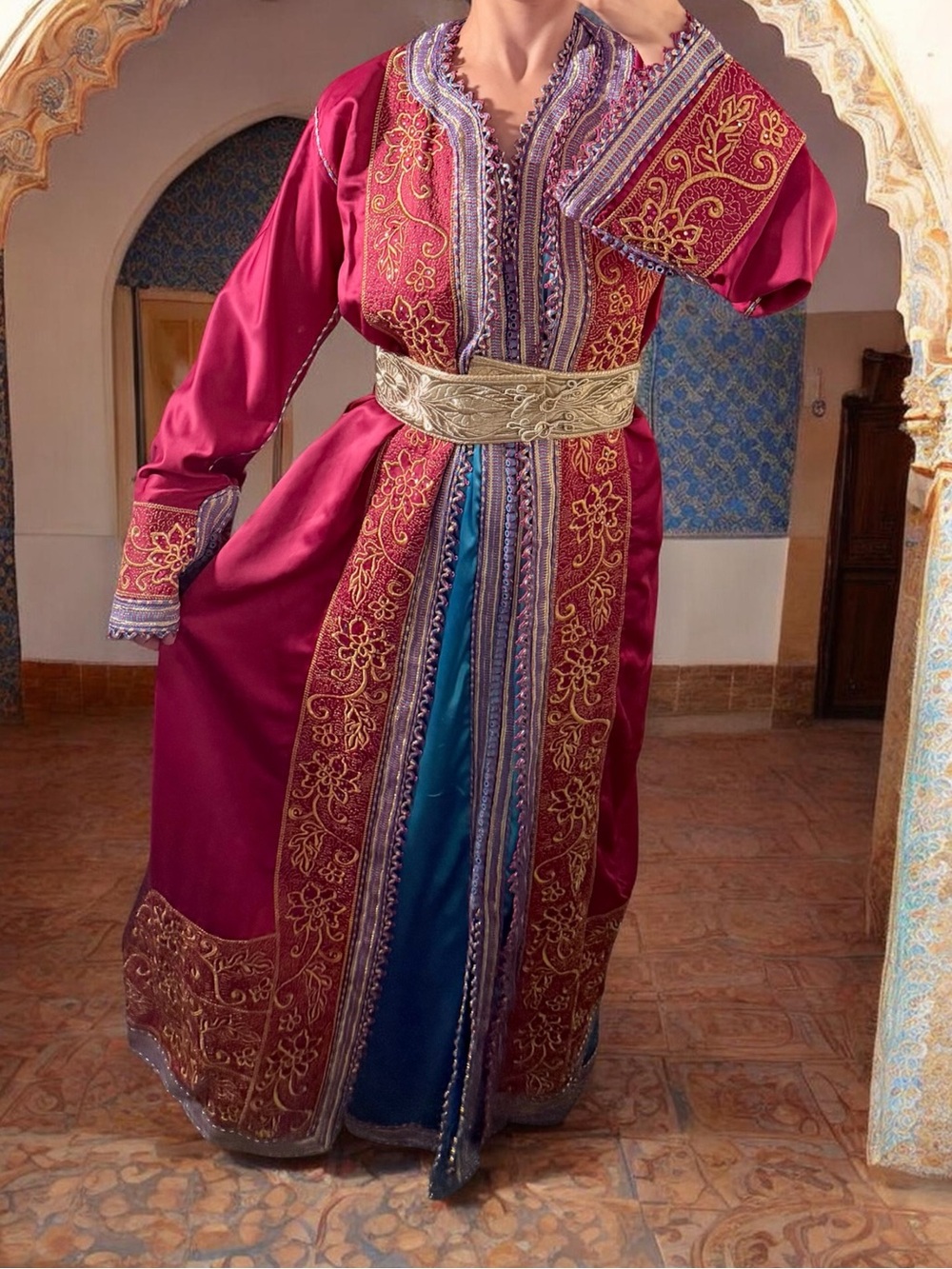 Authentic Moroccan Takchita Caftan 2 Piece Fuschia Blue Embroidered Dress Belt